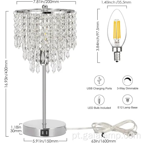 Luminária de mesa de cristal sofisticada com toque e USB